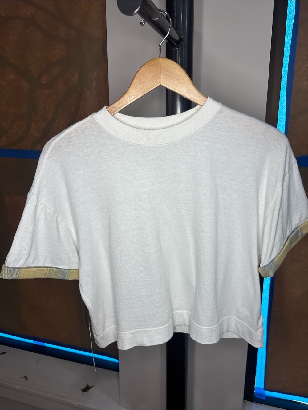 ASKK NY White Cropped Tee with Plaid Cuff Detail